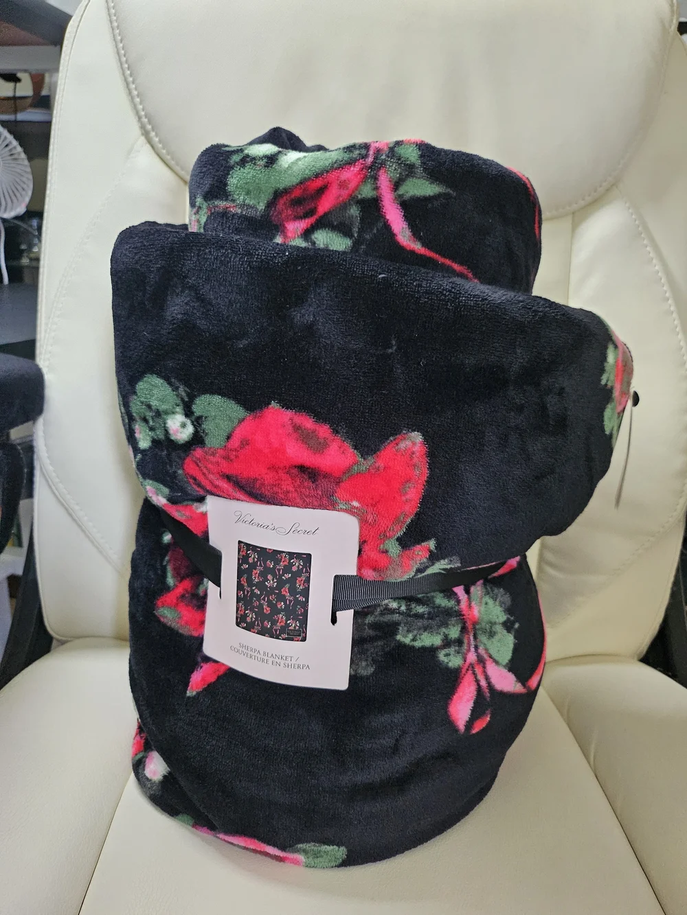 Victoria's Secret Black Plush Throw with Red & Green Floral Print